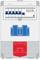 Elektryczny rozdzielacz z sześcioma wyłącznikami nadprądowymi i dwiema niebieskimi gniazdkami. Na dole znajduje się czerwony wyłącznik główny.