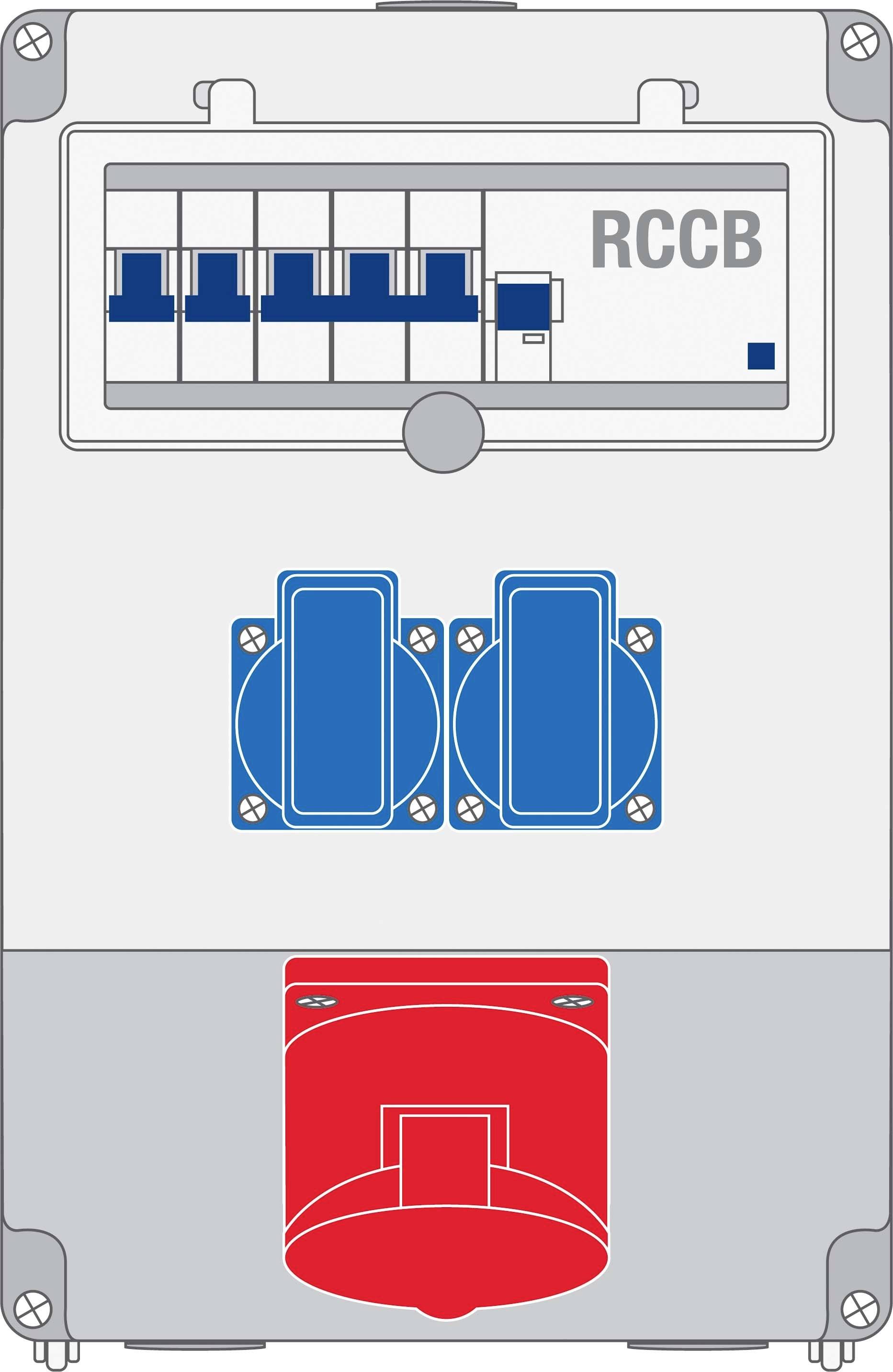 'Elektryczna szafa sterownicza z wyłącznikiem różnicowoprądowym (RCD), dwoma niebieskimi gniazdami oraz czerwonym wyłącznikiem głównym.'