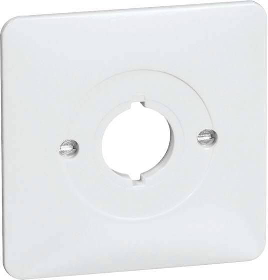 Biała, kwadratowa płyta z tworzywa sztucznego z otworem kołowym pośrodku oraz dwoma śrubami po bokach.