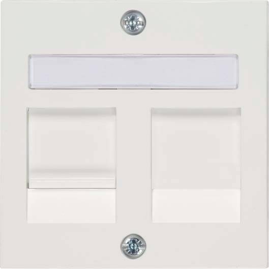 Podwójne złącze sieciowe naścienne z dwoma portami RJ45, białą pokrywą i dwoma śrubami mocującymi.