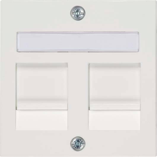 Białe urządzenie elektroinstalacyjne z dwoma podświetlanymi przełącznikami, każdy wyposażony w przezroczyste nakładki.