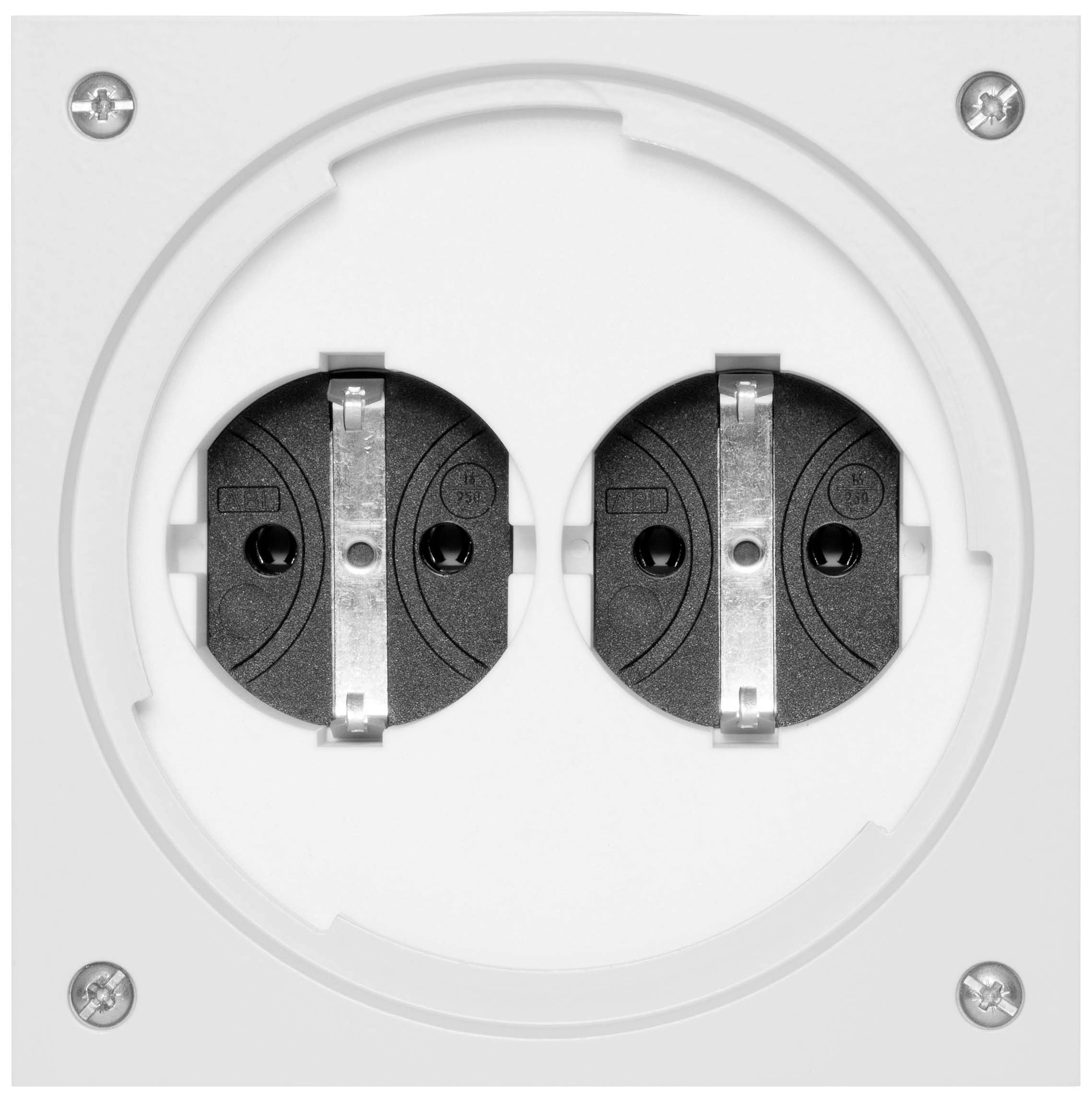 Podwójne gniazdo elektryczne zamontowane w białej ścianie, posiadające dwa okrągłe wejścia i metalowe wkładki, używane do podłączenia zasilania.