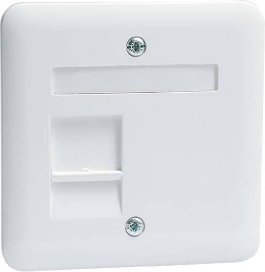 Biała prostokątna puszka przyłączeniowa z dwoma śrubami. Na górze prostokątny otwór, na dole kwadratowy otwór.