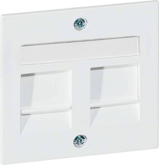 Biała plastikowa osłona z dwoma otworami i śrubami mocującymi, prawdopodobnie przeznaczona do zarządzania kablami lub podłączeń sieciowych.