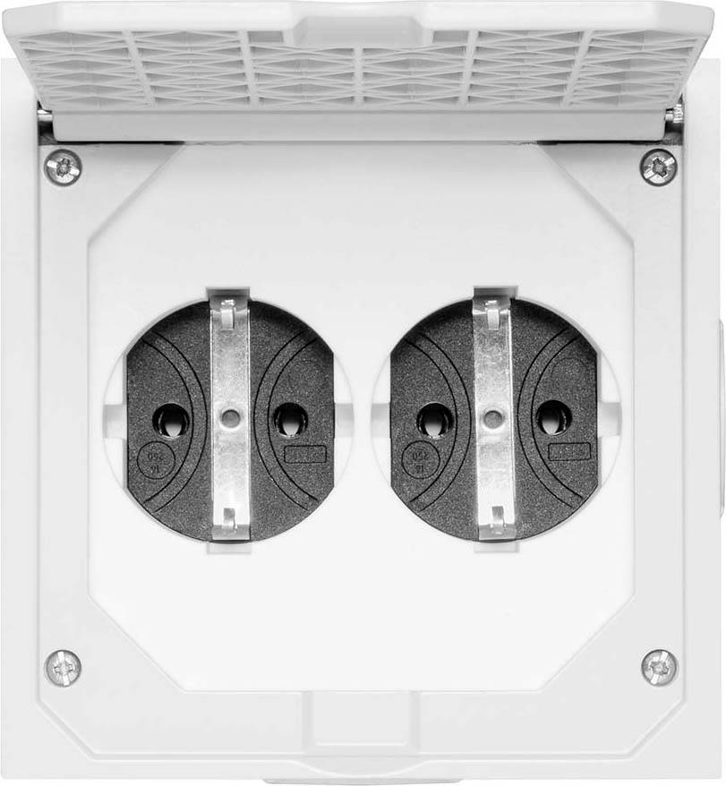 Podwójne białe gniazdko ścienne z otwartą pokrywą ochronną, odpowiednie do stosowania na zewnątrz.