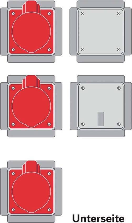 '5 ilustrowanych widoków czerwonego elektrycznego złącza: widok z przodu, z tyłu, z boku i od spodu.'