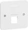 Biała płyta ścienna z dwoma śrubami i kwadratowym otworem u dołu, przeznaczona do podłączenia sieci lub telefonu.