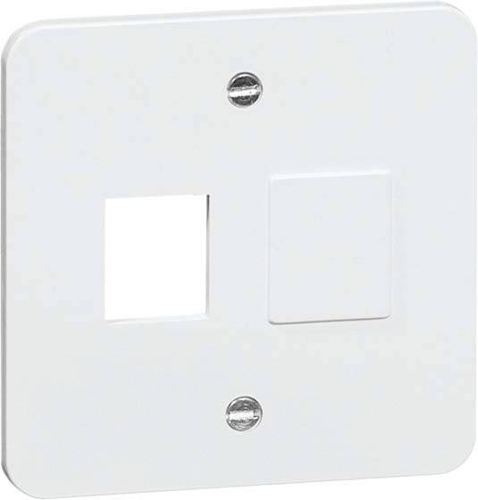 Biała, kwadratowa pokrywa z dwoma śrubami, kwadratowym wycięciem po lewej stronie i stałą osłoną po prawej stronie.