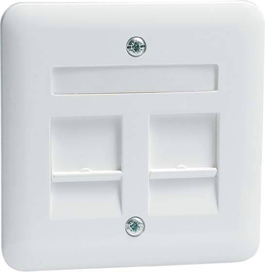 Biała, kwadratowa płytka maskująca gniazda z dwoma otworami i dwoma śrubami. Odpowiednia do podłączeń sieciowych lub multimedialnych.