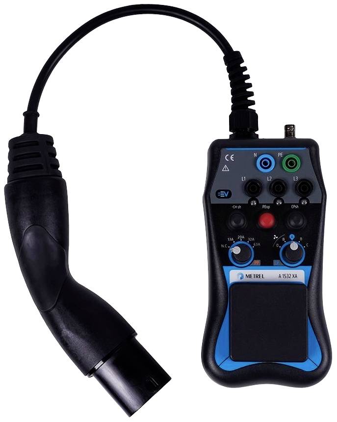 Przenośne urządzenie pomiarowe z przewodem i wtyczką, używane do diagnostyki samochodowych systemów ładowania.