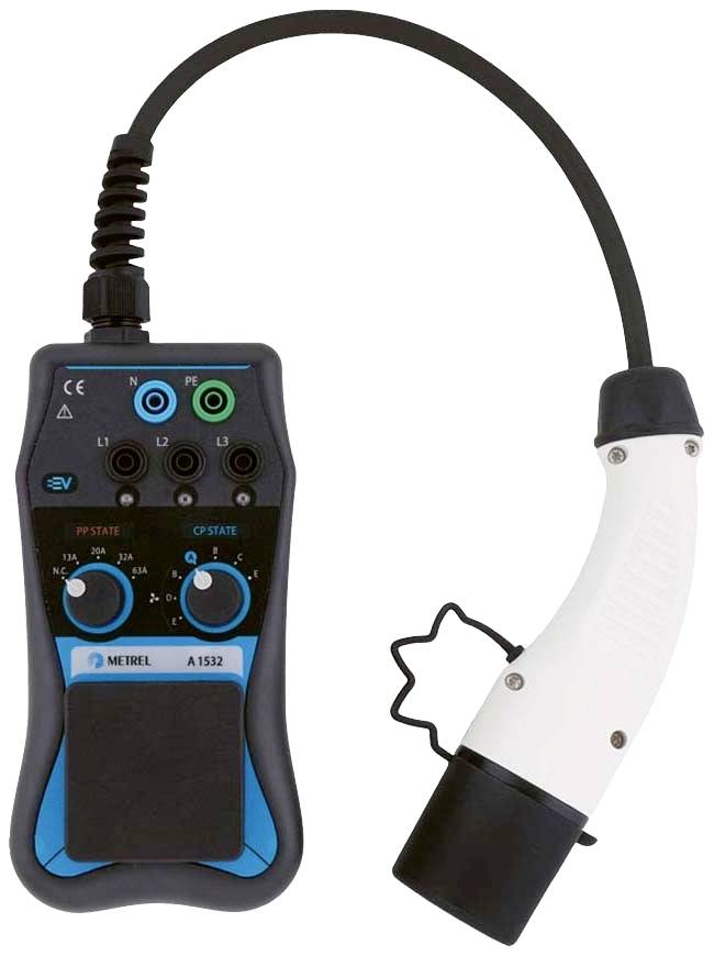 Ręczne urządzenie z przewodem i wtyczką, prawdopodobnie przyrząd pomiarowy do elektronicznych celów testowych, w kolorach czarnym i niebieskim z białymi elementami.