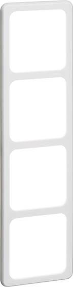 'Białe pionowe poczwórne ramki do włączników lub gniazd elektrycznych, z zaokrąglonymi narożnikami, odpowiednie do wnętrz.'