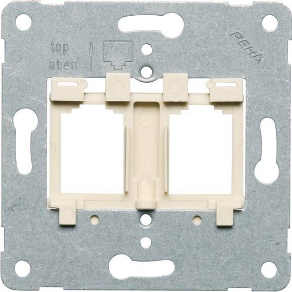 Ramka przełącznika świetlnego marki PEHA z dwoma wycięciami, rama metalowa i mocowanie plastikowe, do montażu ściennego.