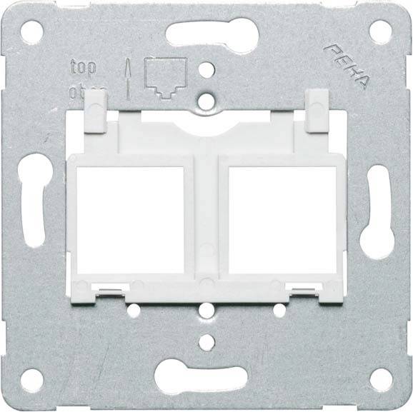 Uchwyt montażowy do złączy sieciowych, wyposażony w dwie prostokątne otwory i metalową płytkę do montażu naściennego.
