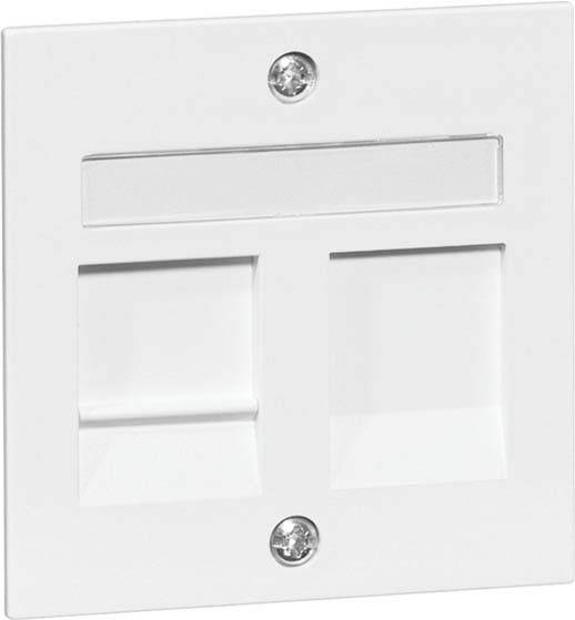 Podwójna płytka maskująca w kolorze białym z dwoma gniazdami RJ45 Ethernet, zamontowana na ścianie.