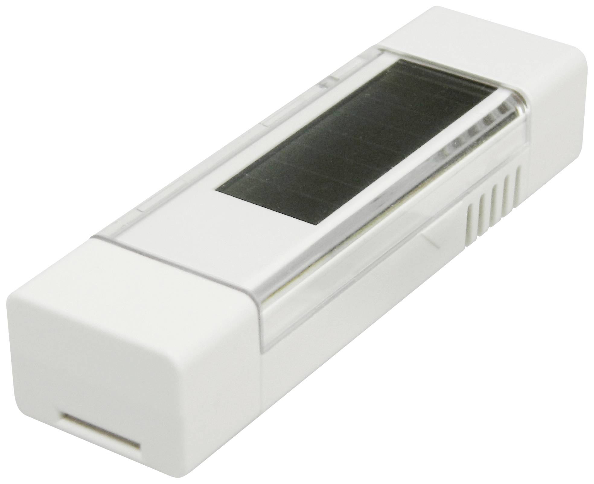 Biały pendrive z przezroczystą obudową i wbudowanym panelem solarnym, umieszczony na neutralnym podłożu.