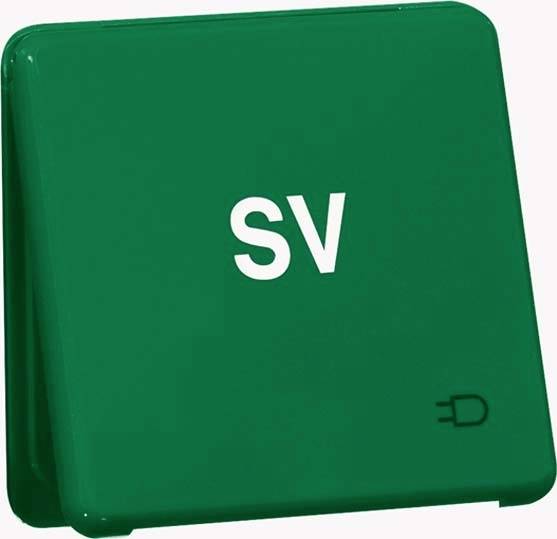 Zielona osłona przycisku awaryjnego z białym napisem 'SV', używana do wyłączania prądu w sytuacjach kryzysowych.