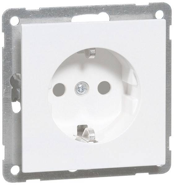Biała europejska wtyczka w metalowej oprawie, odpowiednia do montażu w standardowych puszkach podtynkowych.