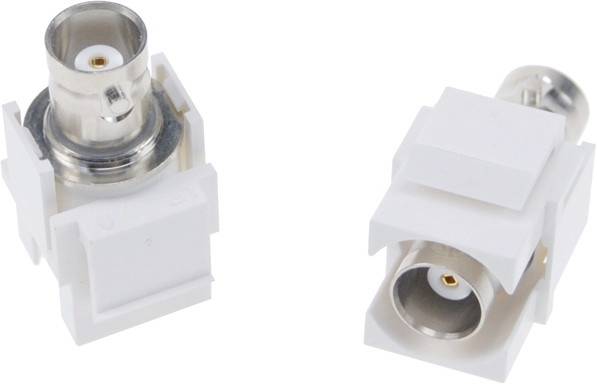 Dwa białe, prostokątne adaptery gniazd BNC z srebrnymi złączkami, ustawione ukośnie obok siebie na białym tle.