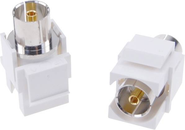 Dwa białe złącza współosiowe, typ łącznikowy, z metalowymi stykami umieszczonymi obok siebie.
