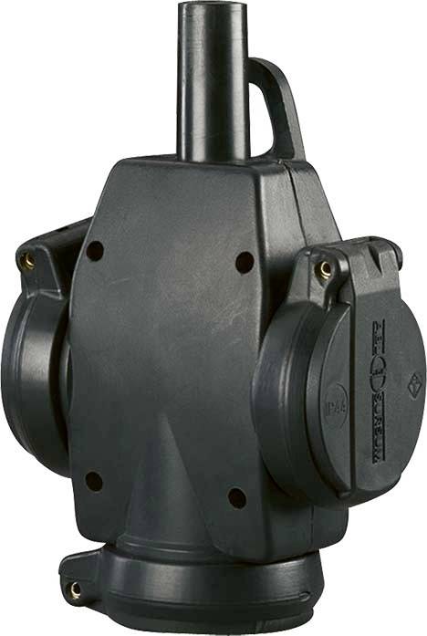 Czarna, wytrzymała wtyczka łączeniowa z tworzywa sztucznego z dwoma gniazdami, odpowiednia do zastosowań przemysłowych.