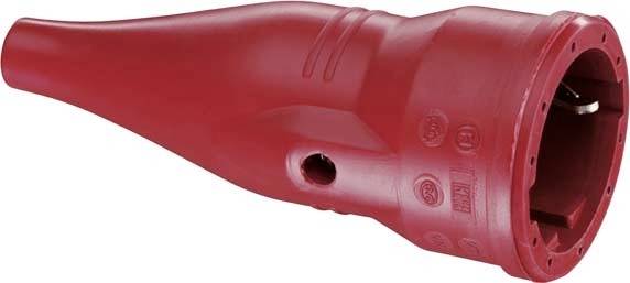 Czerwony przemysłowy wtyk elektryczny do zastosowań wysokoprądowych, o solidnej konstrukcji, cylindrycznym kształcie i wielu złączach elektrycznych.