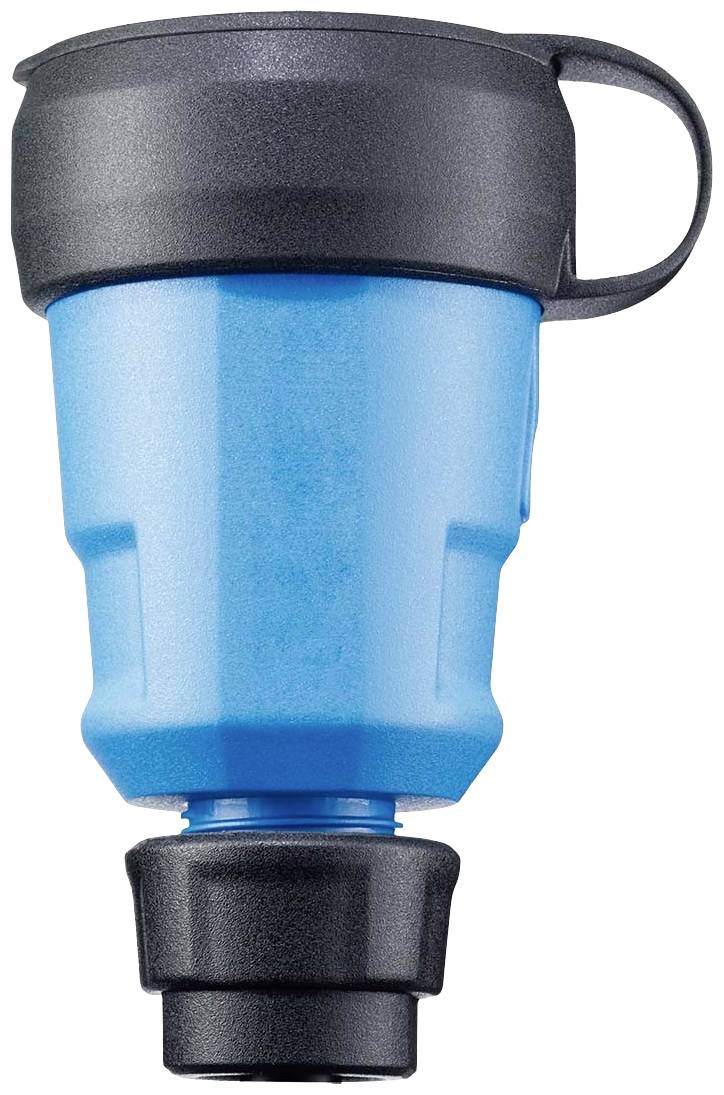 Niebieski adapter z czarną pokrywą i uchwytem. Używany do podłączeń elektrycznych.