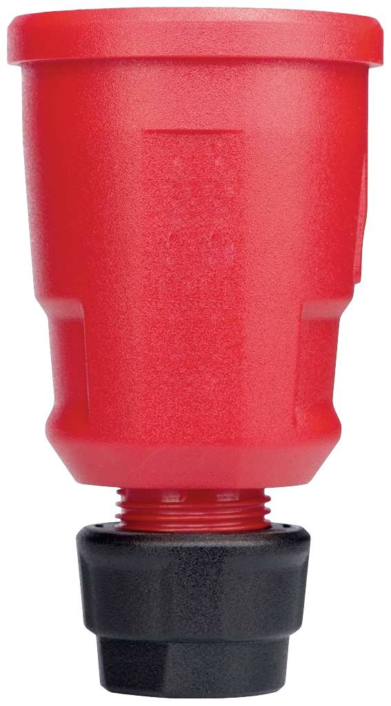 Czerwony pojemnik z tworzywa sztucznego z czarną nakrętką, odpowiedni do bezpiecznego transportu lub przechowywania cieczy.