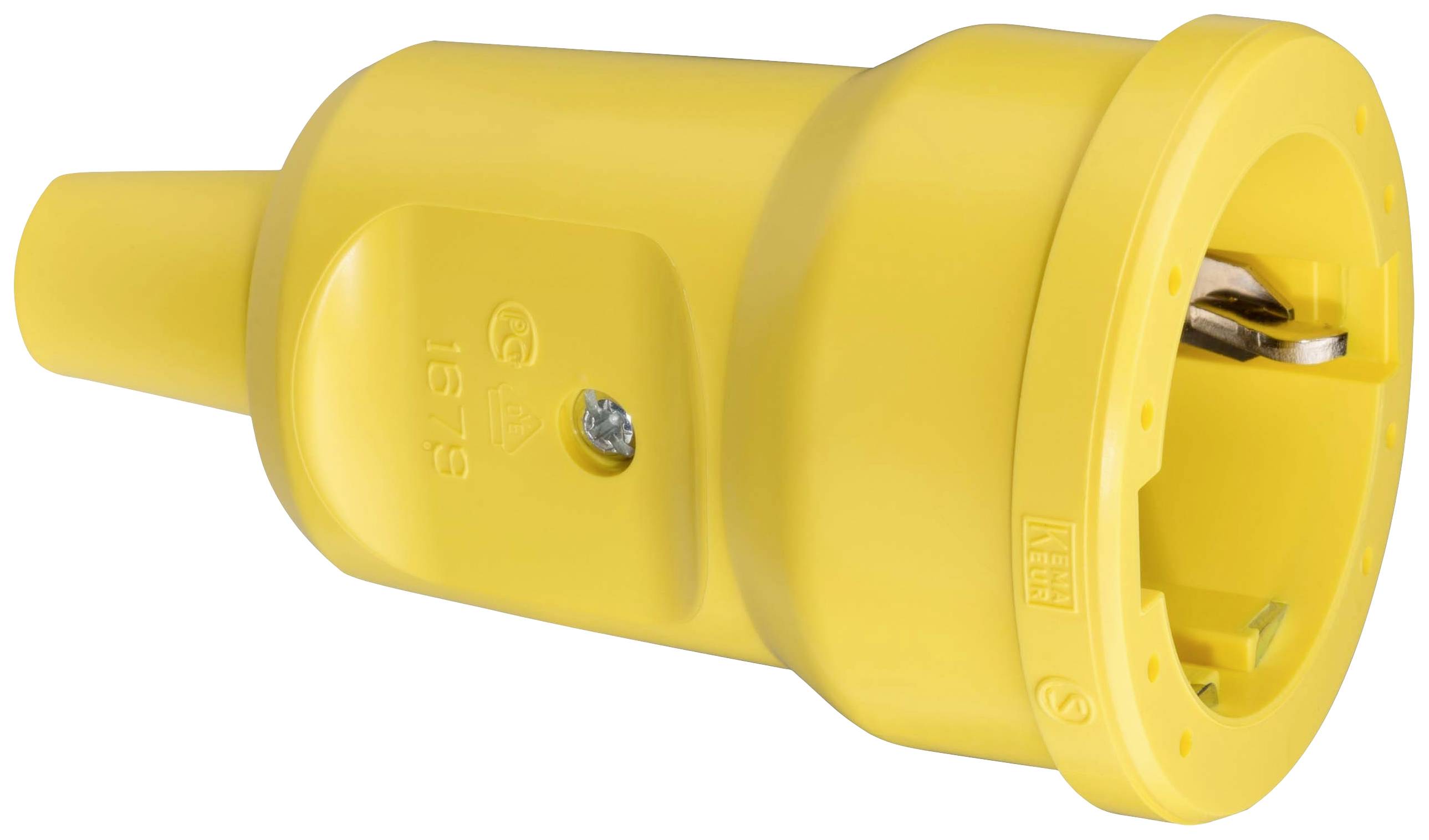 Żółty elektryczny adapter z obudową okrągłego kształtu i złączami, przeznaczony do zastosowań w środowiskach przemysłowych lub wymagających dużej wytrzymałości.