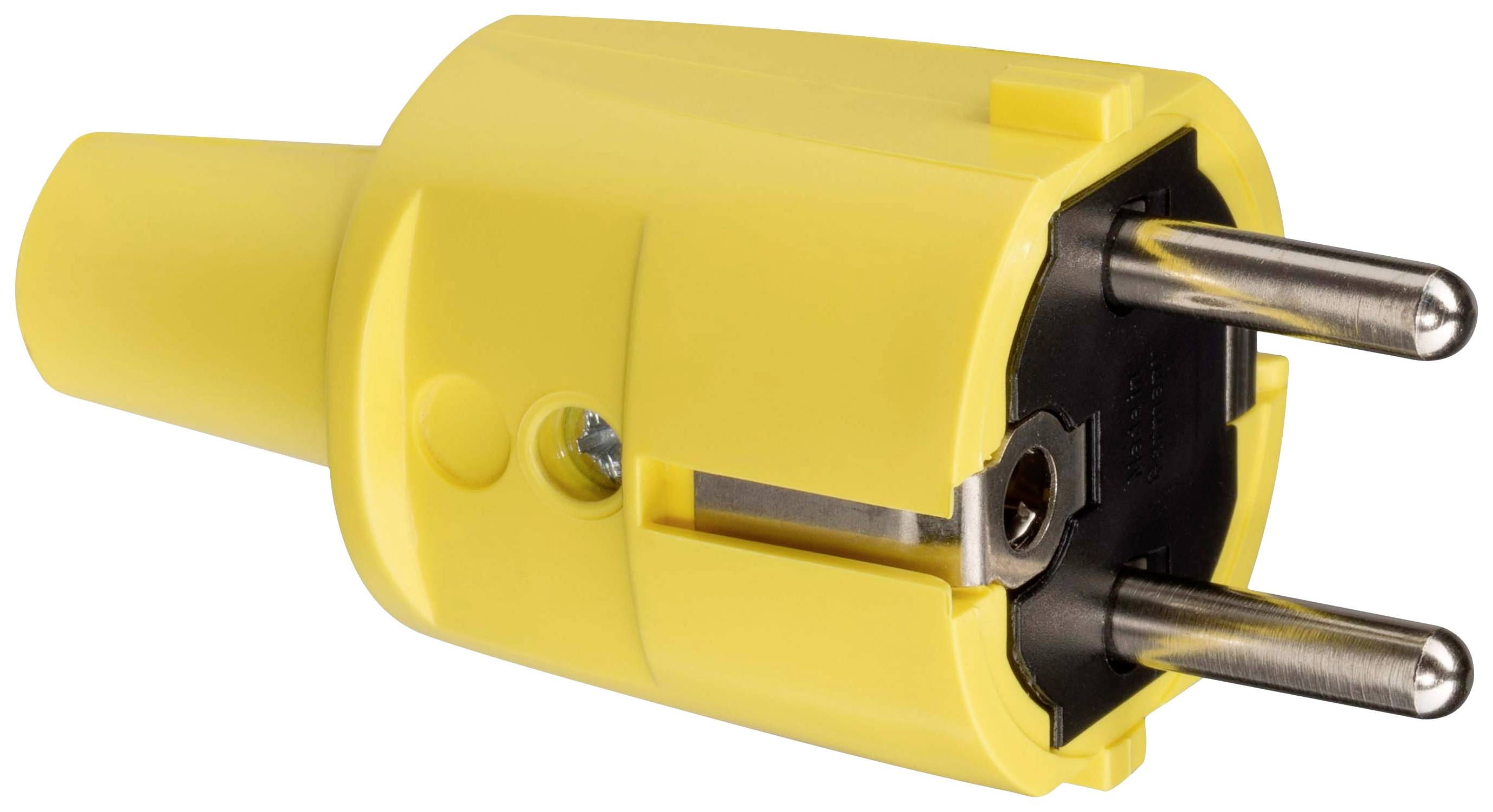 Żółta, trzybiegunowa wtyczka o okrągłym kształcie z metalowymi stykami.