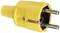 Żółta, trzybiegunowa wtyczka o okrągłym kształcie z metalowymi stykami.