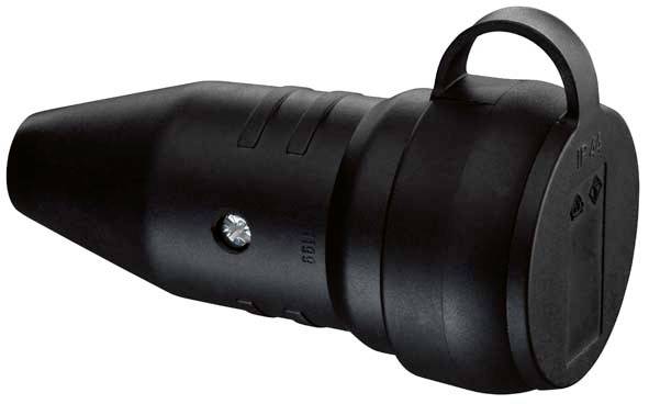 Czarny, cylindryczny adapter wtykowy z mocowaniem śrubowym z boku oraz składanym uchwytem na górnej powierzchni.