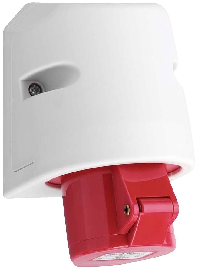 Biała, naścienna wtyczka z czerwonym wtykiem skierowanym w dół, w nowoczesnym stylu.