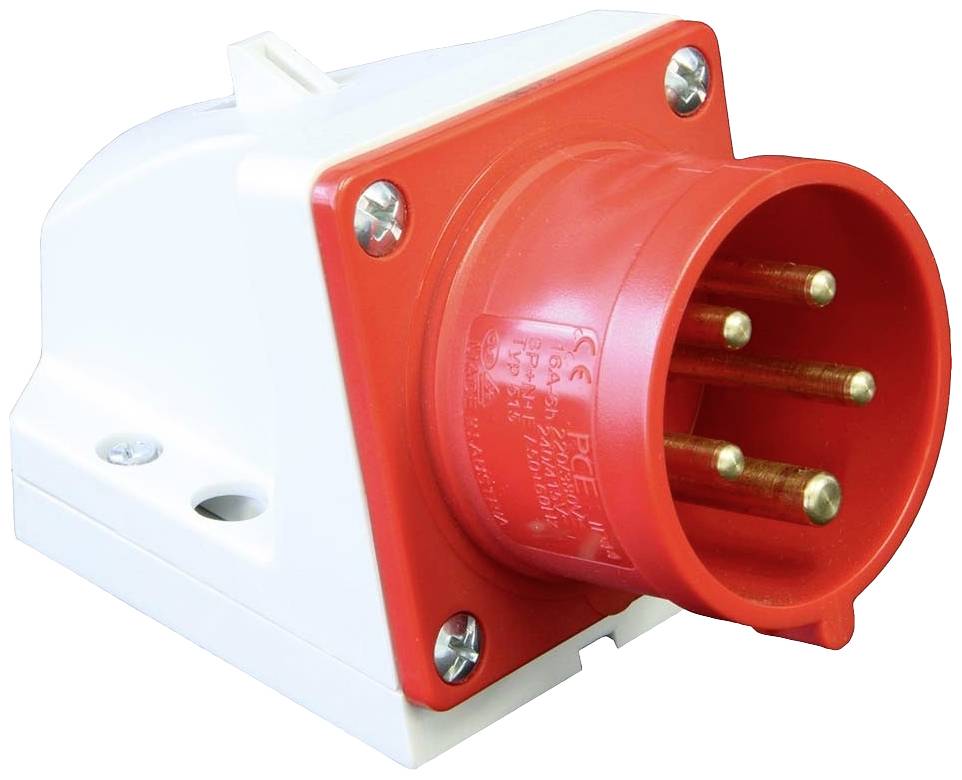 Czerwona, trzybiegunowa wtyczka przemysłowa do sieci elektrycznej w białej obudowie, stosowana w instalacjach elektrycznych o wysokiej mocy.