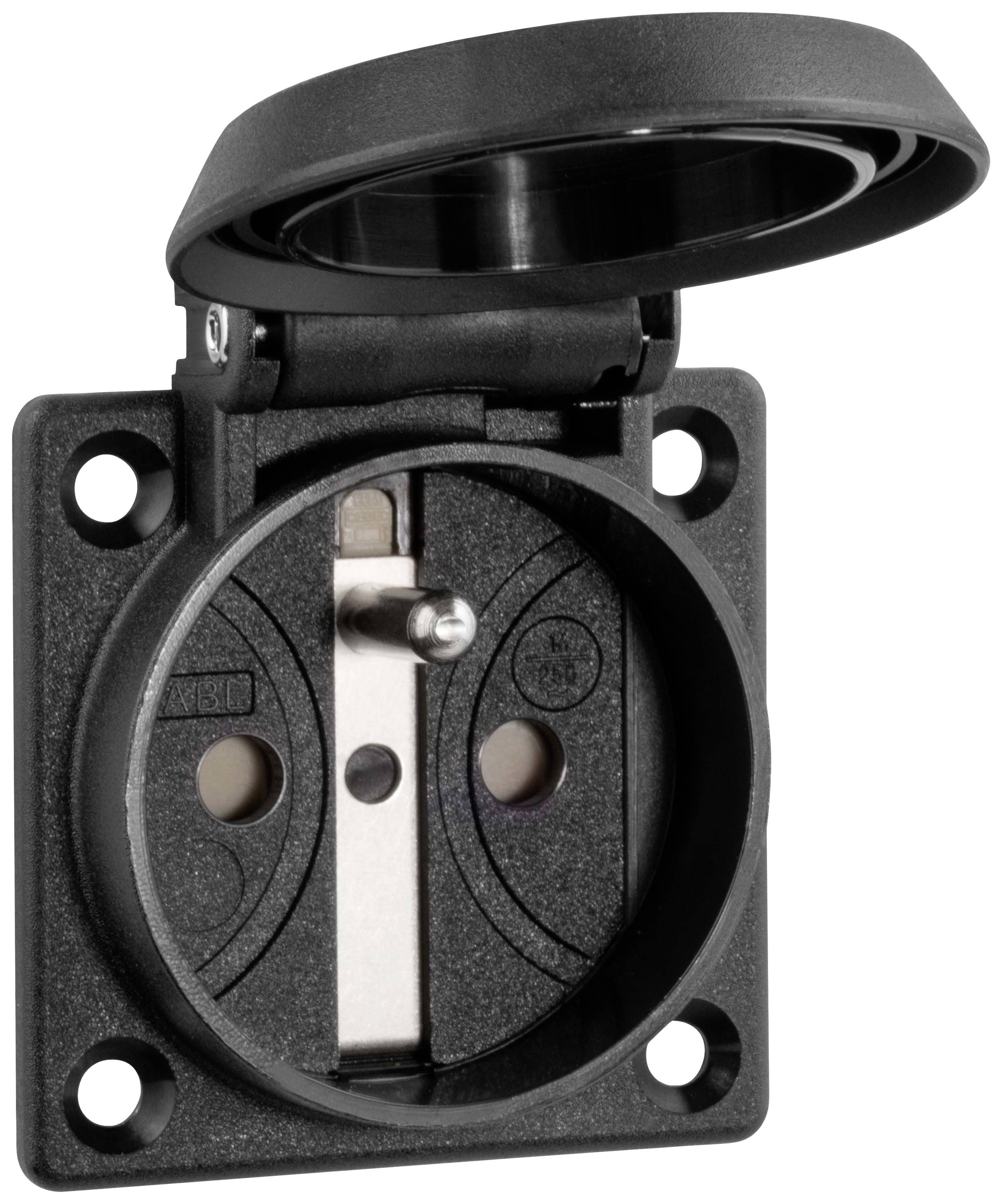 Czarna, prostokątna wtyczka z klapką, zgodna z europejskim standardem, nadająca się do montażu ściennego.