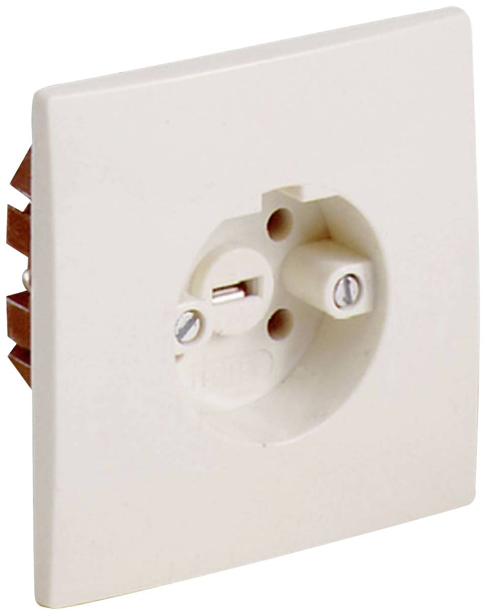 Biała, niemontowana wtyczka z dwoma otworami na śruby, bez widocznych przewodów przyłączeniowych.