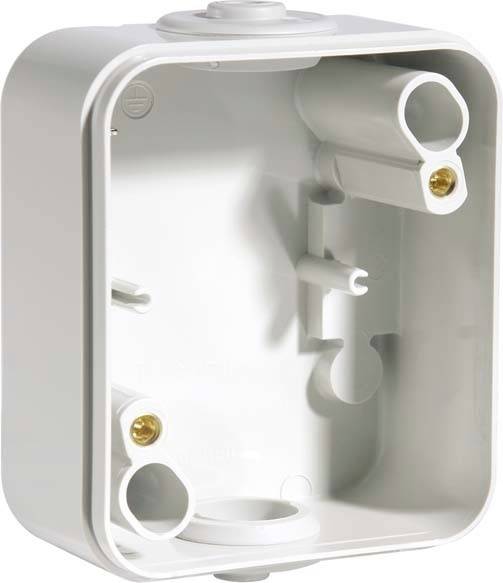 Biała, prostokątna puszka z tworzywa sztucznego z wieloma otworami i punktami mocowania. Odpowiednia do instalacji elektrycznych.