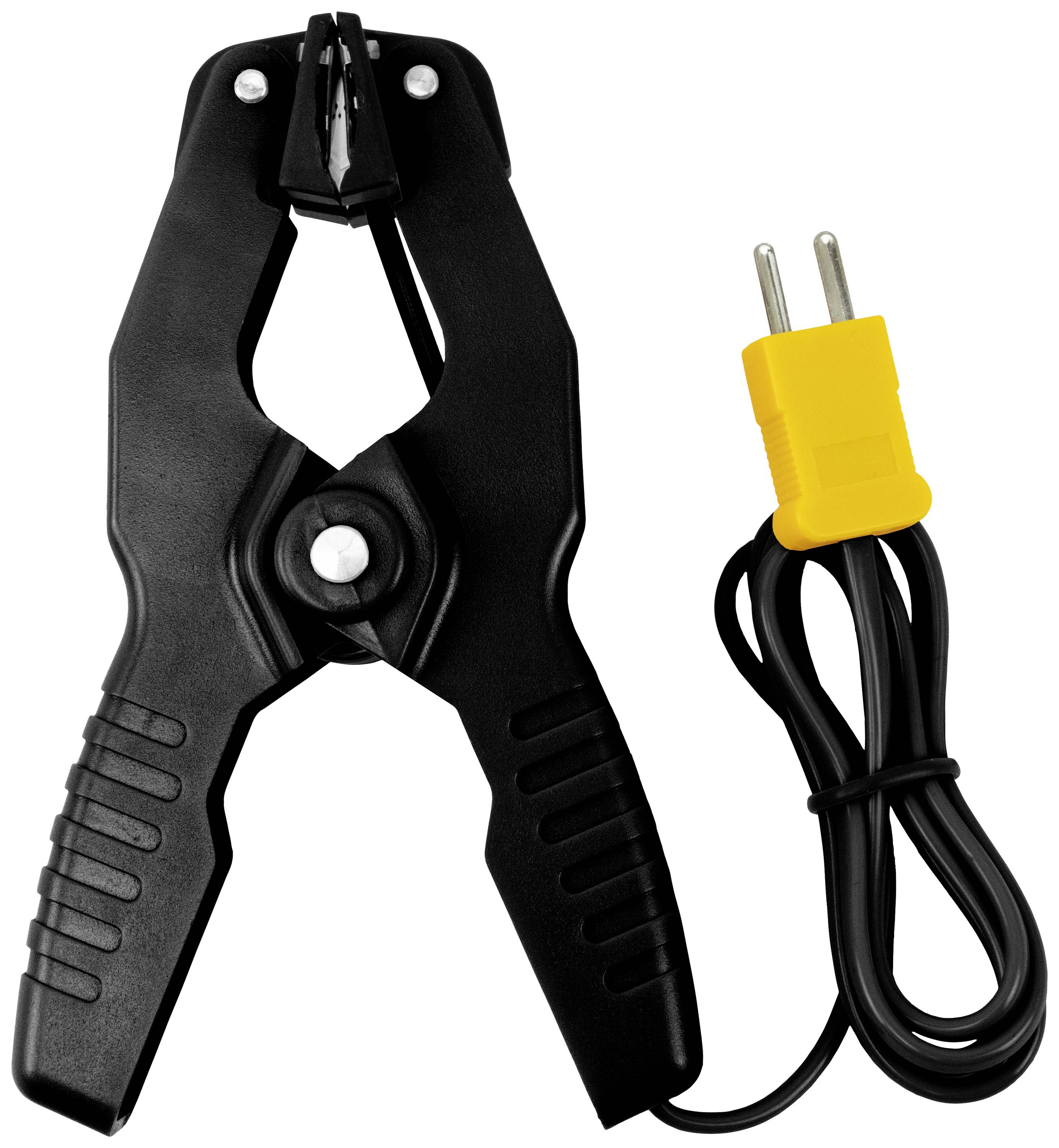 Czarne szczypce zaciskowe z zamontowaną żółtą wtyczką i czarnym przewodem. Odpowiednie do połączeń lub mocowań w zastosowaniach technicznych.