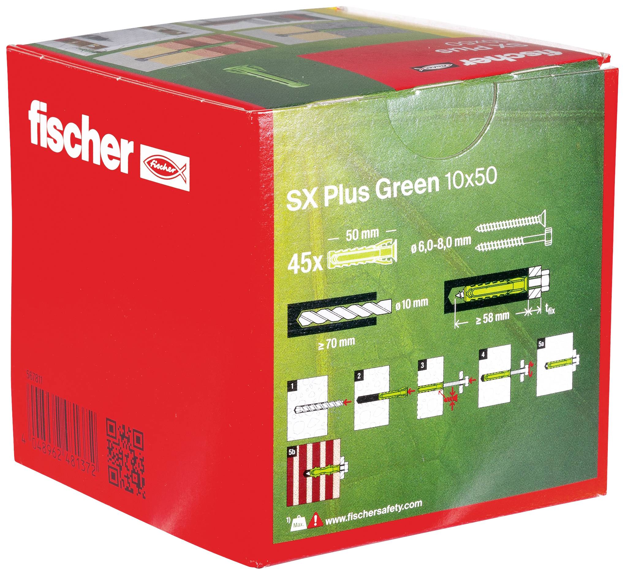 Czerwone opakowanie Fischer z napisem 'SX Plus Green 10x50', przedstawiające zdjęcia produktu i jego wymiary, zawiera 45 sztuk.