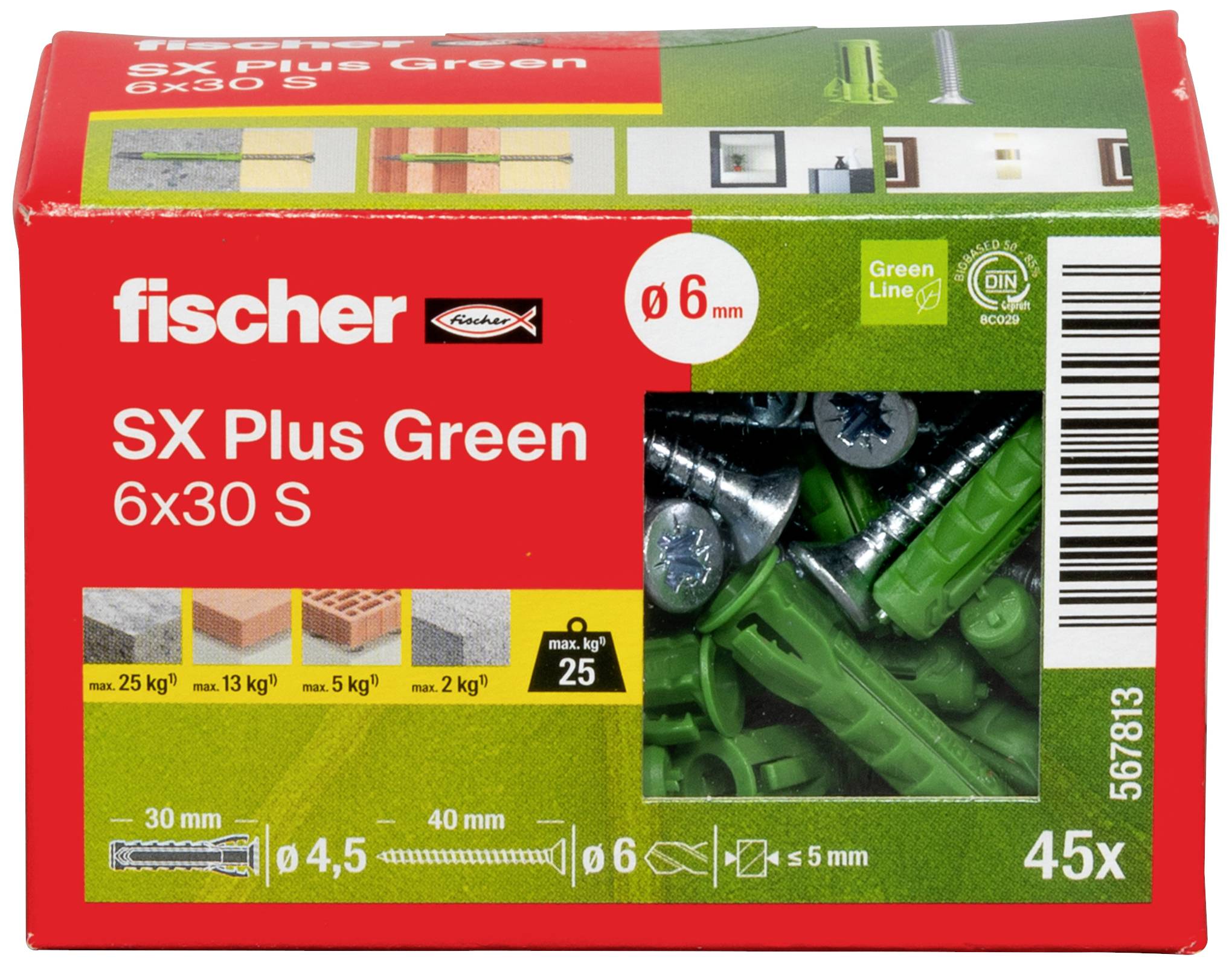 Opakowanie kołków Fischer SX Plus Green 6x30 S, 45 sztuk, odpowiednich do materiałów o wadze od 25 kg do 5 kg, średnica 6 mm, długość 30 mm.