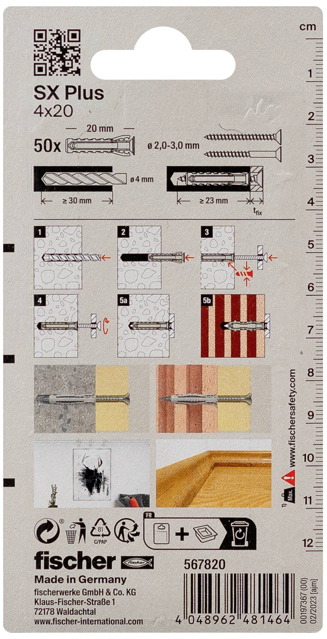 Opakowanie kołka Fischer SX Plus, przedstawiające instrukcję montażu z wymiarami, symbolami narzędzi i materiałami po prawej stronie produktu.
