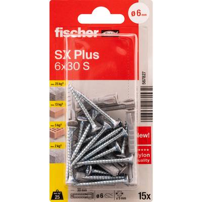 Opakowanie kotwic ściennych Fischer SX Plus 6x30 S i śrub, zestaw 15-częściowy, do otworów 6 mm