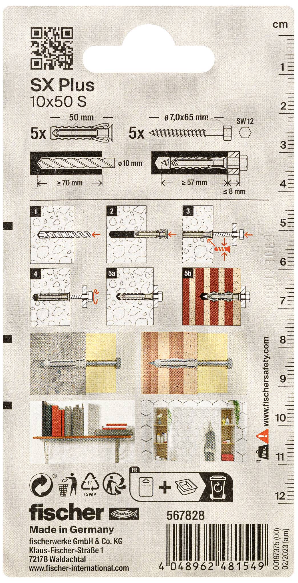 Tylna strona opakowania z instrukcją montażu dla kołków SX Plus 10x50 S. Ilustracje i wymiary przedstawiają instrukcję krok po kroku.