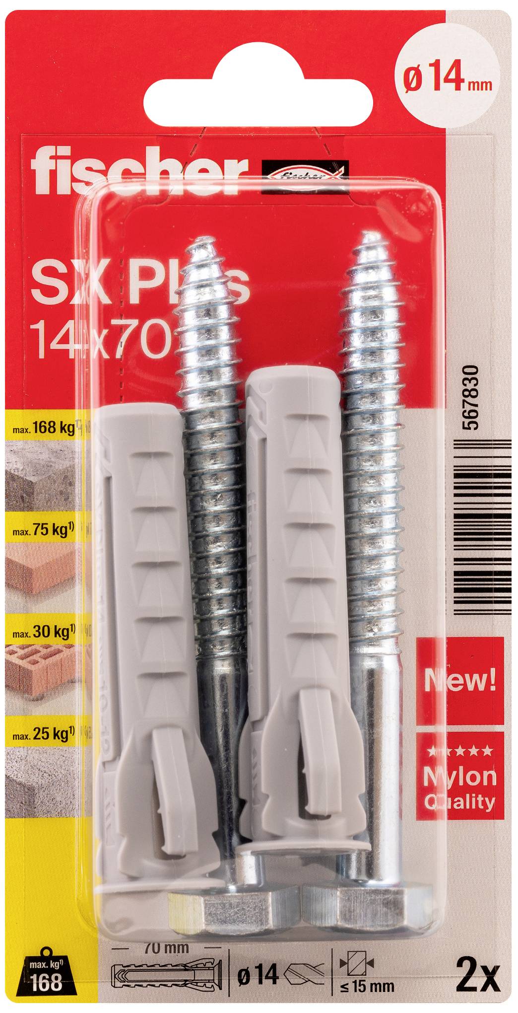 Dwa szare kołki i śruby w blistrze z czerwonym tłem, nazwa marki na górze, informacje o nośności z boku.