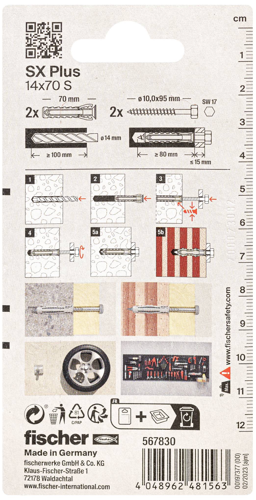 Tył opakowania prezentuje instrukcję montażu kołka rozporowego Fischer SX Plus: Wywiercić otwór, włożyć kołek, dokręcić wkręt. Wyprodukowano w Niemczech.