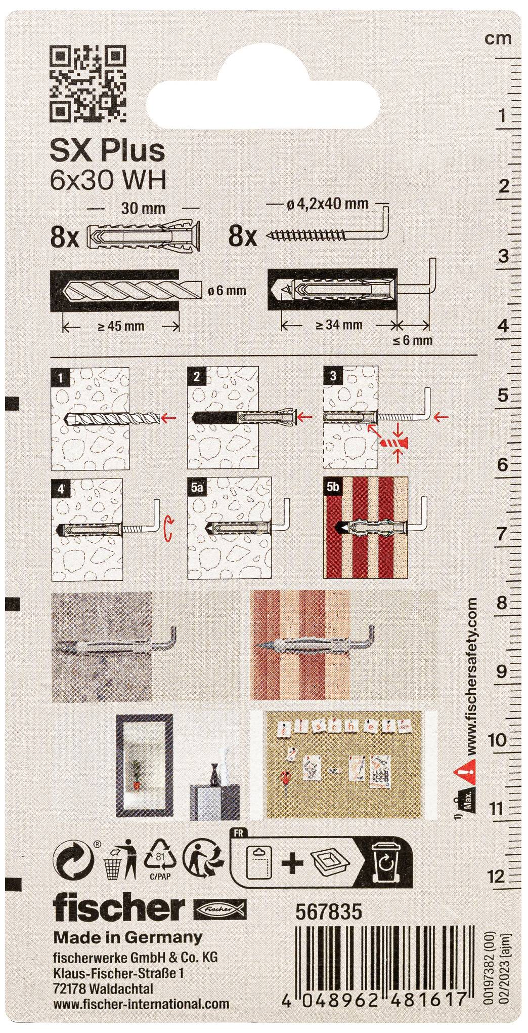 Tylna strona opakowania systemu kołków przedstawia instrukcję wiercenia i mocowania do ścian, z ilustracjami i wymiarami.