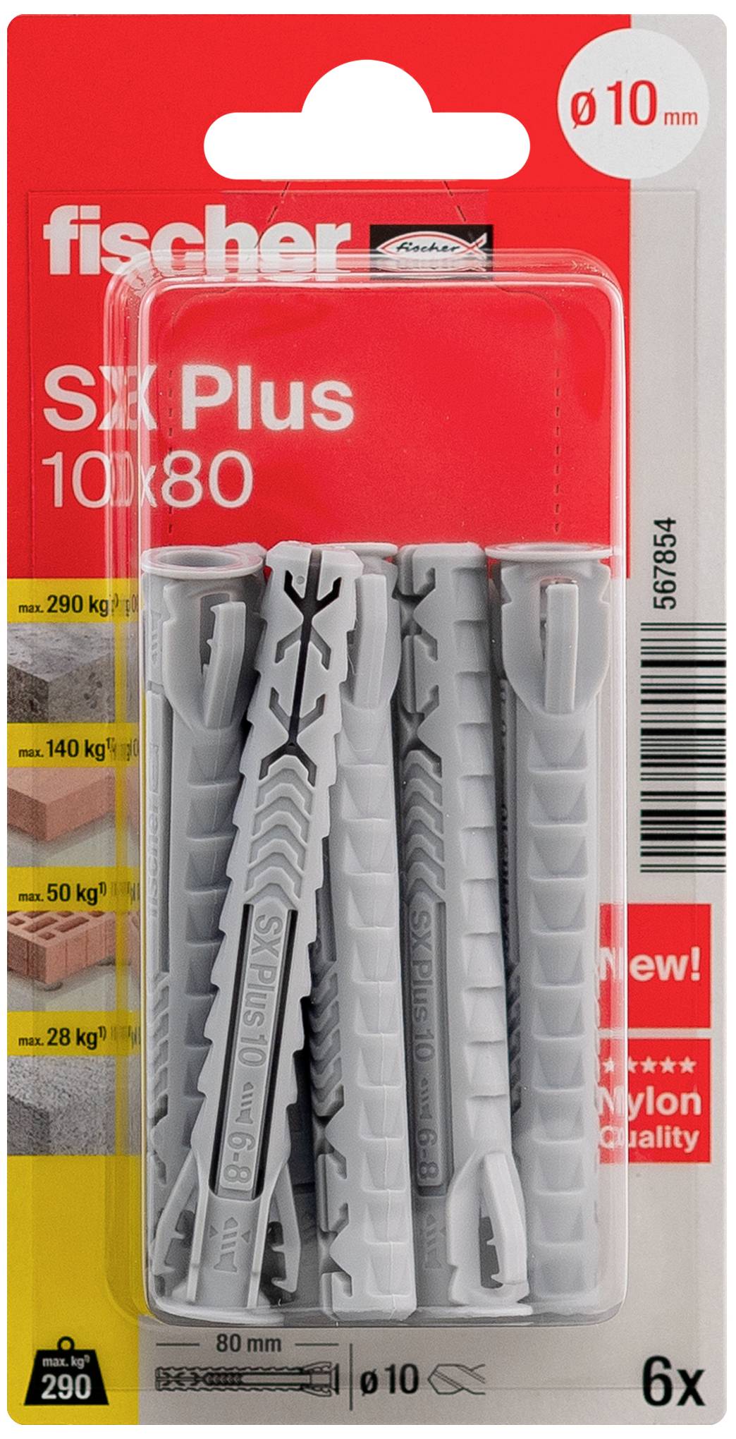 Szare kołki marki Fischer, model Sx Plus 10x80, odpowiednie do różnych materiałów. Opakowanie zawiera wskazówki montażowe.