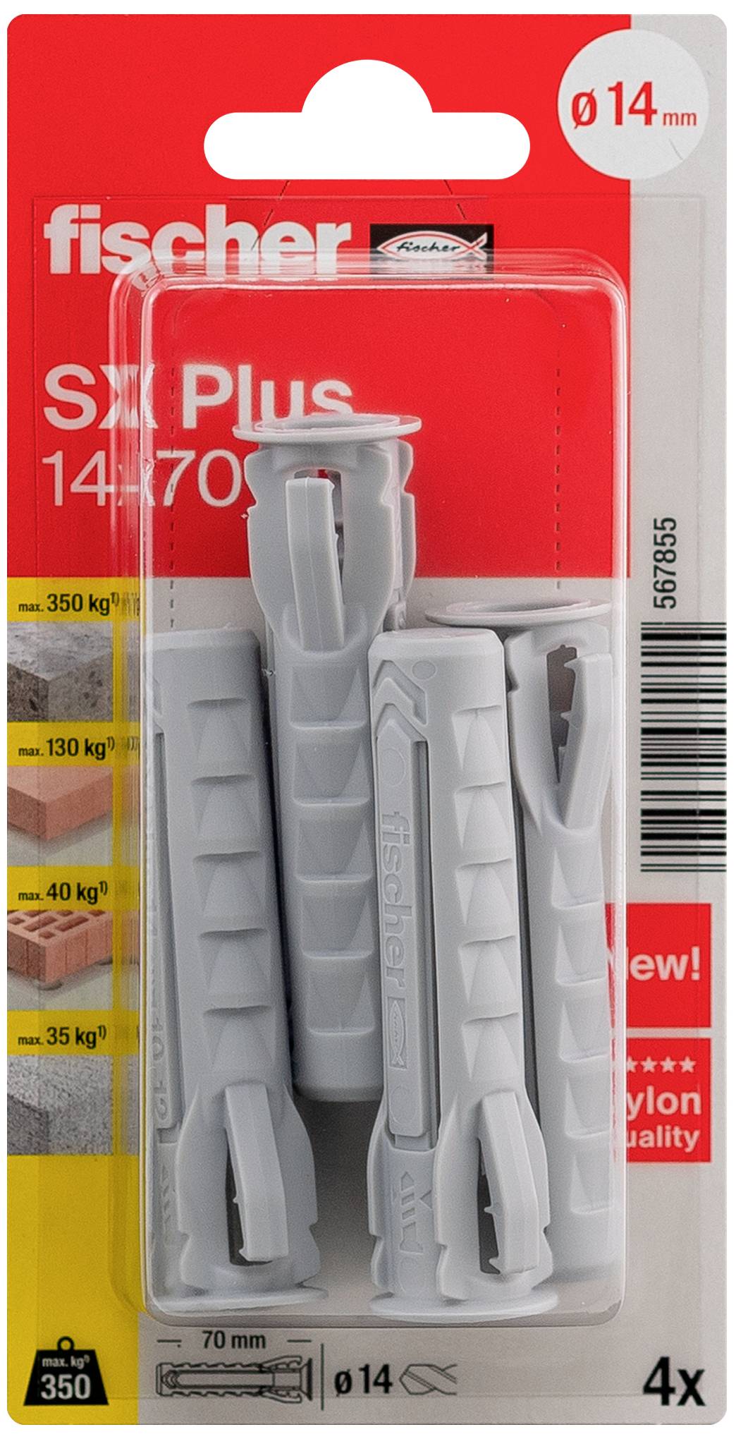 Kołek Fischer SX Plus 14x70 mm, odpowiedni do mocowań do 350 kg. Opakowanie zawiera 4 sztuki w kolorze szarym, wzmacniane nylonem.