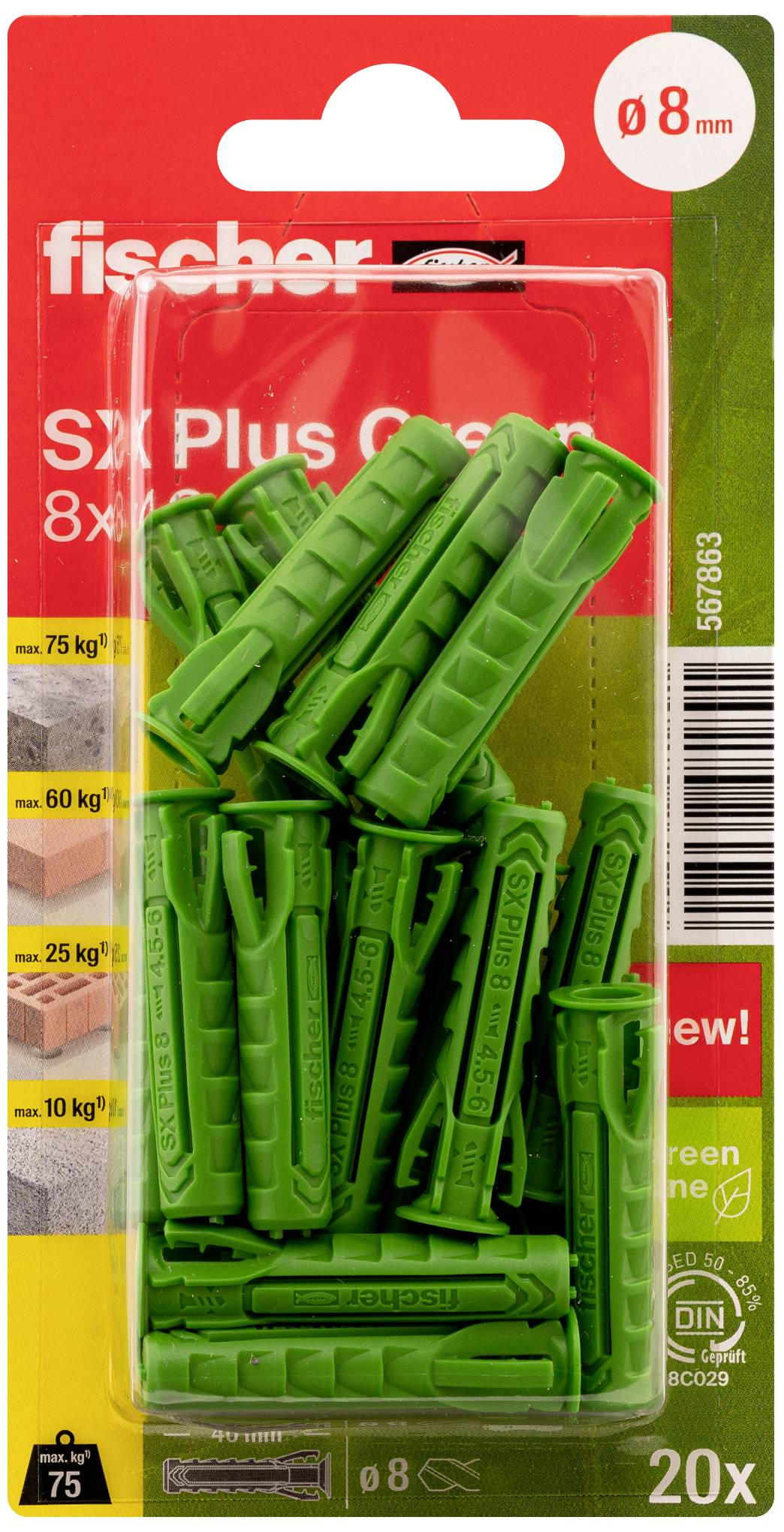 Kołki Fischer z tworzywa sztucznego, model SX Plus Green. 20 sztuk, odpowiednie dla obciążeń do 75 kg. Opakowanie prezentuje zielone kołki i symbole zastosowań.