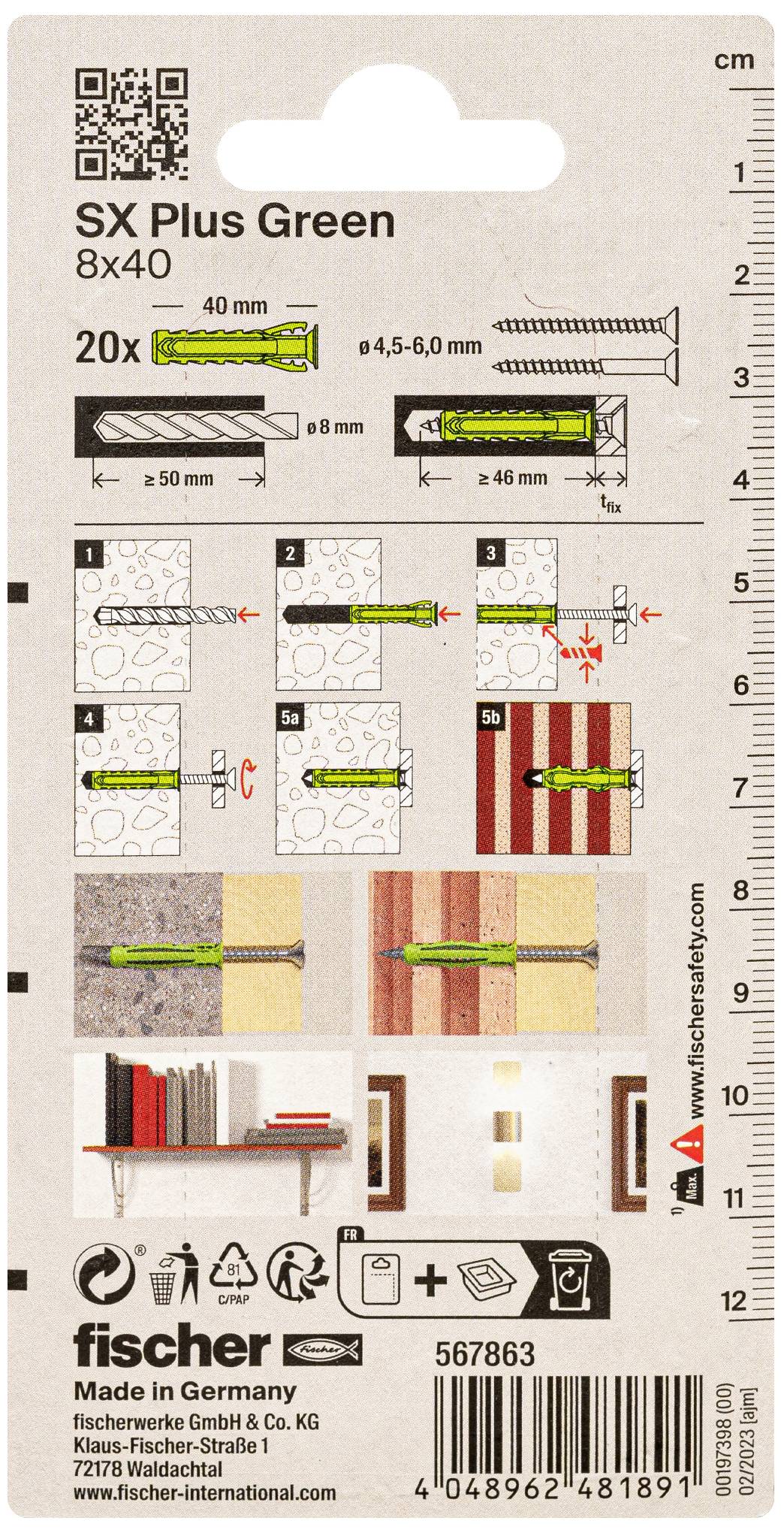 Instrukcja instalacji kołków Fischer SX Plus Green 8x40 w różnych materiałach, wraz z zaleceniami dotyczącymi narzędzi.